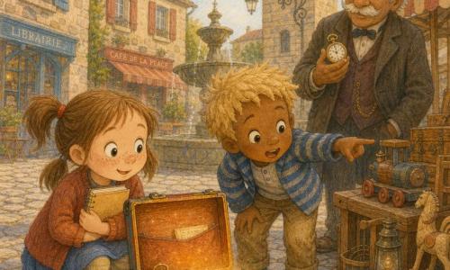 Une fille de 6 ans, visage rond et taches de rousseur, cheveux bruns en couettes, tient un petit carnet beige contre sa poitrine et regarde une valise colorée qui tic-tac; un garçon de 6 ans aux cheveux blonds en bataille et veste rayée, émerveillé, pointe du doigt un jouet en bois; un vieux monsieur d'environ 70 ans, moustache blanche et chapeau melon, tient une montre à gousset près d'une grande horloge en fer forgé; sur une place pavée bordée de maisons en pierre aux volets peints, avec un étal de marché, paniers en osier et une fontaine en pierre, la valise ouverte émet une lueur orange révélant des objets anciens (montre à gousset, carnet, petit bouton orange); ambiance douce et sûre, couleurs chaudes, textures crayonnées, composition centrée sur les enfants et la valise.