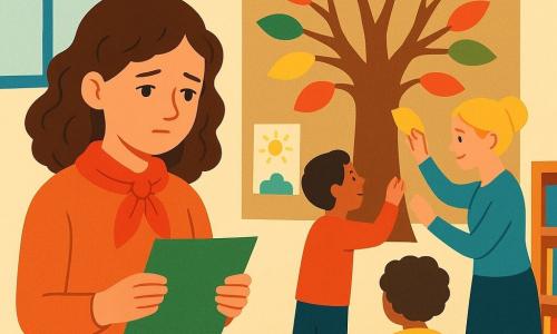 Lina, une fille de 10 ans aux cheveux bruns et bouclés, porte un foulard rouge et tient une feuille de papier vert. Elle se tient devant un arbre en papier kraft fixé au mur de la classe. À côté, Mme Caron, une femme d'une quarantaine d'années, aide un autre enfant. La salle de classe est lumineuse, décorée de dessins et de livres colorés, avec un sol en tapis à motifs. Lina ajoute sa feuille à l'arbre des souvenirs, entourée de ses camarades partageant leurs histoires.