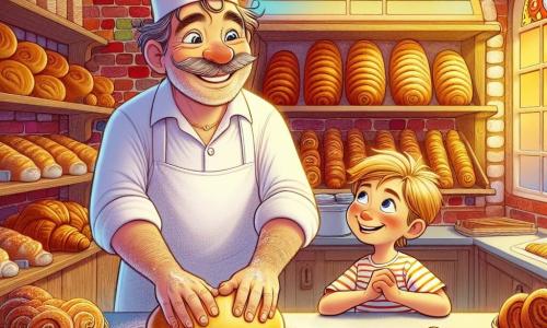 Marcel, un homme souriant aux yeux pétillants, est debout derrière un grand comptoir en bois, portant une toque blanche et un tablier farci de farine. Il pétrit une boule de pâte dorée, les mains couvertes de farine. À ses côtés, Léo, un petit garçon de 8 ans aux cheveux blonds, observe avec fascination, les mains sur le comptoir. La boulangerie, chaleureuse avec des murs en briques rouges, est remplie de pains, croissants et pâtisseries. Marcel montre à Léo comment pétrir la pâte, partageant un moment de complicité joyeuse au cœur de la boulangerie.