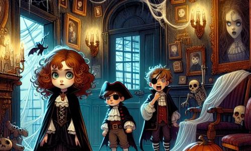 Élise, 12 ans, avec des cheveux châtains bouclés et des yeux curieux, se tient au centre d'une maison hantée en costume de vampire. Elle affiche une expression de bravoure et d'excitation, prête à explorer. À ses côtés, Max, son meilleur ami déguisé en pirate, regarde autour de lui avec appréhension et enthousiasme. Poupette, 11 ans, déguisée en chat noir, se tient en retrait avec une expression de peur. La scène se déroule dans une maison ancienne et sombre, ornée de portraits et de meubles recouverts de draps blancs, avec des toiles d'araignées et une lumière vacillante d'une citrouille illuminée. Ils se préparent à entrer dans le couloir des ombres, un passage où des illusions effrayantes prennent vie, dans une atmosphère de mystère et d'aventure.