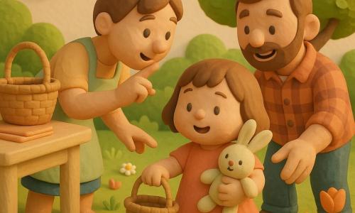 Une fillette de 2 ans, joyeuse et curieuse, joues rondes, cheveux châtain courts, porte des chaussettes rayées rouges et blanches, tient un doudou lapin beige et un petit panier en osier; la maman d'une trentaine d'années, souriante, cheveux en chignon et tablier pastel, est près d'une table en bois en montrant le jardin; le papa, environ 32 ans, barbe légère et chemise à carreaux, se tient derrière, main vers le panier; le jardin baigné de lumière dorée présente une pelouse verte, fleurs colorées, buissons et un grand arbre; sur la table un panier vide et des serviettes; la fillette cherche des œufs de Pâques cachés parmi les fleurs, scène joyeuse et calme, couleurs vives et composition simple.