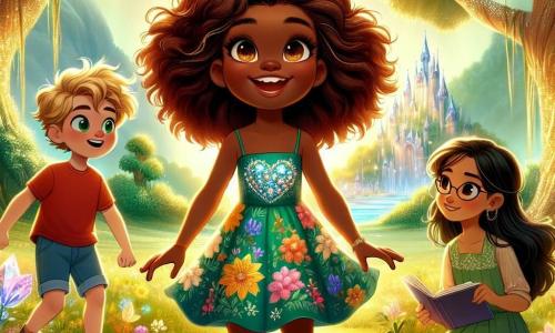 Au centre de l'image, Lila, une fillette de 10 ans, sourit avec excitation. Elle a des cheveux bouclés châtaigne, des yeux curieux et porte une robe colorée à motifs floraux. Elle tient un cristal scintillant. À sa gauche, Max, un garçon de 9 ans aux cheveux blonds, saute de joie en t-shirt rouge et short bleu. À sa droite, Clara, une fille de 9 ans avec des cheveux bruns, porte une robe verte et observe Lila avec un carnet de dessin. Le décor est une clairière enchantée entourée d'arbres majestueux, avec un château de cristal en arrière-plan. Lila, Max et Clara célèbrent leur victoire après avoir retrouvé le cristal magique, prêts pour de nouvelles aventures.