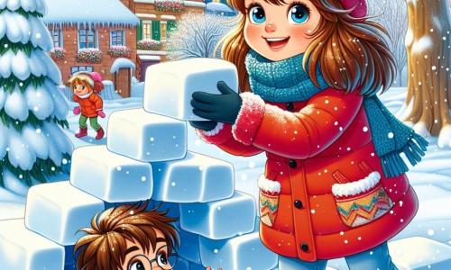 Une fille de 11 ans, Louise, construit un igloo dans un jardin enneigé. Elle a de longs cheveux châtains, des yeux curieux, porte un manteau rouge, une écharpe bleue et des bottes noires, et sourit en empilant des blocs de neige. À ses côtés, son ami Maxime, également âgé de 11 ans, avec des cheveux bruns en bataille et des lunettes rondes, rit en essayant de soulever un gros bloc de neige. Il est vêtu d'une veste verte et d'un bonnet jaune. Le jardin est paisible, bordé d'arbres chargés de neige, avec des maisons colorées en arrière-plan. Louise et Maxime sont absorbés dans la construction de leur igloo, entourés par la magie de l'hiver.
