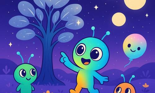 Un petit extraterrestre nommé Pico, avec une peau changeante en couleurs vives, saute de joie sur un sol d'herbe violette. Ses grands yeux brillent d'excitation alors qu'il montre un arbre aux feuilles argentées qui scintillent sous la lumière des trois lunes. À côté de lui, Bloop, un ballon de lumière flottant, émet un doux tintement et affiche une expression joyeuse. Plus loin, Zola, une petite créature extraterrestre, sourit avec émerveillement, tandis que ses amis Riki et Fifi l'observent avec fascination. Le lieu est un paysage féerique de Zibulon, rempli de collines ondulantes et de fleurs lumineuses, où les étoiles semblent danser. Pico et ses amis découvrent l'arbre magique qui raconte des histoires, créant un moment de partage sous le ciel scintillant.