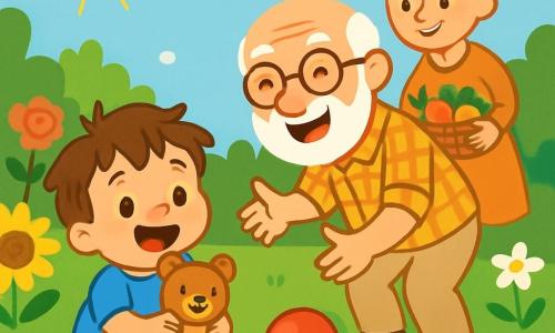 Un petit garçon de 2 ans, avec des cheveux bruns en désordre et des yeux pétillants, est assis dans l'herbe du jardin. Il porte un t-shirt bleu et un short jaune, souriant tout en tenant son doudou en forme d'ours. À côté de lui, Papi, un homme âgé avec une barbe blanche et des lunettes rondes, lui lance un ballon rouge, riant joyeusement. Mamie, une femme souriante avec des cheveux gris en chignon, tient un panier de fruits colorés. Le jardin est rempli de fleurs éclatantes sous un ciel bleu clair et ensoleillé. Le petit garçon est émerveillé par le ballon qui roule vers lui.