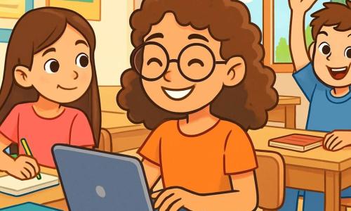 Livia, une fille de 12 ans aux cheveux châtains bouclés et lunettes rondes, sourit en tapant sur son ordinateur portable à un bureau en bois dans une salle de classe lumineuse. À côté d'elle, Inès, également âgée de 12 ans avec des cheveux longs et lisses, la regarde avec admiration. Un peu plus loin, Paul, un garçon de 12 ans aux cheveux bruns en bataille, sourit et lève la main pour poser une question. La salle est décorée de posters colorés et baignée de lumière, avec des livres et des fournitures éparpillés. Livia partage son expérience avec ses camarades sur un projet d'écriture créative, illustrant la solidarité et l'entraide dans un environnement scolaire chaleureux.