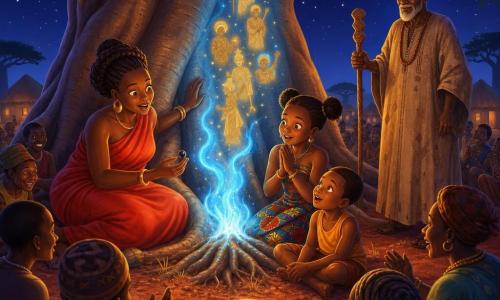 Aminata, femme adulte au visage rond et peau brun chocolat, sourit émerveillée en robe rouge vif, assise au pied d’un énorme baobab en touchant l’écorce et tenant une petite perle noire brillante; une fillette d’environ 8 ans aux couettes et pagne coloré est agenouillée à côté d’elle, mains jointes, regardant une petite flamme bleue qui danse au-dessus des racines et projette des silhouettes d’ancêtres en lueurs dorées; un garçon d’environ 6 ans en débardeur ocre est assis en tailleur, levant les yeux, et un griot âgé en boubou beige, au visage ridé et bâton sculpté, veille en retrait; nuit étoilée sous le baobab, sol de terre rouge, herbe courte, lueur dorée et bleutée dansante, ambiance intime aux contrastes chauds et froids et lumière douce et magique.