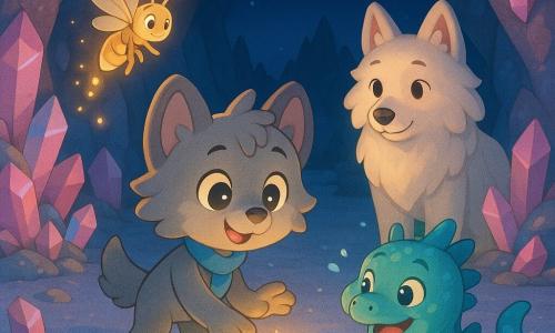 Lila, petite loup-garou au pelage gris et écharpe bleue, touche une pierre lumineuse au centre d'une grotte cristalline nocturne tandis qu'une luciole dorée vole au-dessus, un dragon d'eau bleu-vert éclabousse joyeusement à ses côtés et un grand loup ivoire la protège derrière la pierre ; les murs de cristaux roses et bleus, le sol argenté et la lueur chaude de la pierre créent une ambiance calme, magique et enfantine aux couleurs pastel et contours cel-shading.