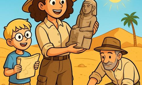 Une archéologue nommée Mila, dans la trentaine, aux cheveux bruns bouclés et aux yeux curieux, se tient dans un désert brûlant. Elle porte un chapeau de paille, une chemise beige et un pantalon cargo, et examine avec émerveillement une statue en pierre ancienne qu'elle vient de déterrer. À ses côtés, un garçon de 10 ans, son assistant blond aux lunettes rondes, tient une carte et admire la statue. Un homme d'une cinquantaine d'années, un collègue archéologue, fouille le sol avec un outil de précision. Le désert est doré, avec des dunes et quelques palmiers, sous un ciel bleu éclatant. Mila, joyeuse et excitée, découvre la statue, tandis que son assistant et son collègue l'observent avec intérêt, tous trois immergés dans l'aventure archéologique.