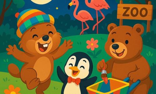 Margotte, une marmotte joyeuse au pelage brun et aux joues rebondies, porte un chapeau rayé coloré et saute de joie, prête pour une aventure nocturne. À ses côtés, Gaston, le pingouin farceur en plumage noir et blanc avec un nœud papillon rouge, rit en agitant ses ailes. Oscar, l'ours costaud au pelage brun, peint une brouette multicolore tout en observant ses amis. La scène se passe dans un zoo magique sous la lune argentée, entouré d'arbres scintillants et de fleurs colorées, avec des flamants roses en arrière-plan. Margotte et ses amis sont prêts pour une course de brouettes, illuminée par la lumière de la lune, promettant rires et surprises.