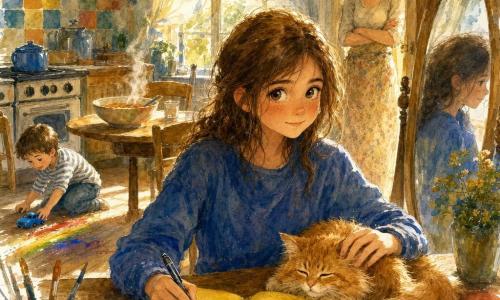Lina, 12 ans, déterminée mais timide, aux yeux grands et brillants et cheveux châtain mi‑longs, est assise à une table en bois en train d’écrire dans un carnet jaune, une main tenant un stylo, l’autre caressant Pistache, petit chat roux qui ronronne près du carnet; la mère d’environ 35 ans, cheveux attachés, sourit depuis l’embrasure de la porte, mains croisées, lumière chaude sur le visage; le petit frère d’environ 5 ans joue au sol à gauche avec une petite voiture bleue et des traces vives de peinture; la cuisine est chaleureuse — plancher en bois, carrelage coloré, vieille cuisinière, table ronde avec un bol de soupe fumant, miroir ancien reflétant Lina, rideaux légers et lumière dorée du soir — et la scène montre Lina faisant un petit pas de confiance en se préparant devant le miroir avec son carnet, posture hésitante mais visage qui se redresse, composition centrée, contrastes doux et touches d’éclaboussures contrôlées suggérant énergie et douceur.