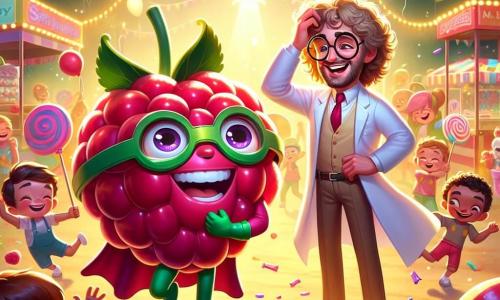 Au centre de l'image, Super Framboise, un homme en costume rouge et vert, rit aux éclats, tenant une framboise géante. À ses côtés, le Dr. Blagousse, un homme d'environ 30 ans en blouse blanche et lunettes rondes, sourit en faisant une blague. En arrière-plan, une fête foraine animée se déroule avec des stands de bonbons, des ballons et des enfants dansant autour d'une pinata coincée dans un arbre. La scène est lumineuse et festive, avec des confettis tombant du ciel. Super Framboise et le Dr. Blagousse essaient de sauver la pinata, entourés d'enfants impatients.