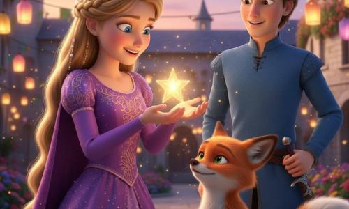 Une princesse d'environ 12 ans aux cheveux blonds tressés tient une petite étoile brillante entre ses mains, visage joyeux, robe violette brodée d'or scintillante ; à côté d'elle, le renard roux Félix à poitrine blanche regarde la lueur avec malice et queue en mouvement ; un prince d'environ 14 ans, en tunique bleue, se tient légèrement en retrait à droite, main sur le pommeau de son épée, sourire tendre ; arrière-plan : cour de château en pierre claire, jardins fleuris, lanternes suspendues, ciel crépusculaire rose et violet parsemé de lucioles ; ambiance chaleureuse et magique, éclairage doux venant de l'étoile, textures lisses et brillantes de style film d'animation 3D, plan moyen rapproché centré sur l'étoile.