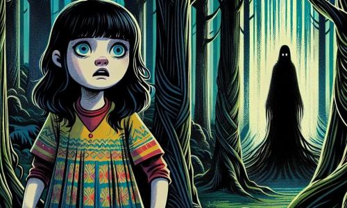 Au centre de l'image, Lila, une fille de 12 ans aux cheveux noirs, se tient face à une silhouette mystérieuse dans la Forêt des Murmures. Elle porte une robe légère aux couleurs vives, contrastant avec l'obscurité environnante. Ses mains tremblent légèrement, mais son regard est déterminé. À l'arrière-plan, l'Entité Silencieuse, floue et indistincte, crée une tension palpable. La forêt, avec ses grands arbres noueux et un léger brouillard, ajoute une atmosphère mystique. Lila, courageuse, se tient dans un cercle de tissu noir, défiant l'Entité qui semble hésiter.
