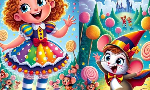 Lucie, une fille de 8 ans aux cheveux bouclés et dorés, porte une robe à pois et des chaussettes dépareillées. Elle sourit émerveillée en dansant dans une forêt magique. À ses côtés, Mina, une petite souris avec une cape rouge et un chapeau en forme de fromage, saute de joie. Le décor est une forêt enchantée avec des arbres en bonbons et des fleurs chantantes, sous un ciel bleu avec des nuages en guimauve. Lucie et Mina dansent avec des animaux loufoques, comme un kangourou clown et un éléphant en tutu, dans une ambiance festive et joyeuse.