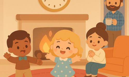 Quatre personnages : Lucie, 7 ans, cheveux blonds bouclés en robe bleu clair à pois blancs et chaussons rouges, fait une pirouette joyeuse au centre devant la cheminée ; Tom, 7 ans, cheveux châtains courts, nœud papillon vert et pantalon beige, tient la main de Lucie et saute à gauche ; Maman, ~35 ans, cheveux bruns en chignon, pull crème, assise à droite applaudissant ; Papa, ~37 ans, barbe légère, chemise à carreaux bleue, debout près de la porte tenant une tasse fumante et souriant. Salon chaleureux et festif : tapis rouge moelleux, grande horloge dorée proche de minuit, guirlandes et lampions suspendus, cheminée allumée, biscuits sur la table basse, lumières douces et ombres rondes. Situation : les enfants dansent ensemble au centre (pas en avant, petit saut, pirouette) avec expressions d'excitation et de fierté, adultes applaudissant en arrière-plan ; style kawaii minimal, couleurs pastel vives, silhouettes simples et contours doux.
