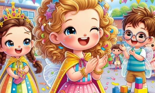 Lola, une petite fille de 6 ans aux cheveux bouclés et dorés, porte une cape colorée ornée d'étoiles et sourit en lançant des confettis. À ses côtés, Zoé, 6 ans, a des cheveux bruns tressés et un costume de fée avec des ailes brillantes, applaudissant avec enthousiasme. Tom, un garçon de 6 ans aux cheveux châtains et lunettes rondes, construit une tour en blocs colorés, souriant en regardant ses amis. La scène se déroule dans une cour d'école décorée de guirlandes et de ballons, sous un ciel bleu. Les enfants célèbrent le carnaval, s'amusant et entourés de camarades déguisés.