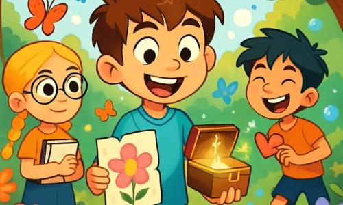 Léo, un garçon de 12 ans aux cheveux bruns en bataille et aux yeux pétillants, se tient dans un jardin enchanté, souriant. Il porte un t-shirt bleu et un short coloré, tenant une carte en forme de fleur et un petit coffret scintillant. À ses côtés, Zoé, une fille de 12 ans aux cheveux blonds tressés et lunettes rondes, l'observe avec admiration, un carnet de croquis dans les bras. Un peu plus loin, Jules, un garçon aux cheveux noirs en désordre, s'apprête à faire une blague avec un cœur en papier. Le jardin est magique, rempli de fleurs multicolores, de papillons et d'arbres ornés de cœurs scintillants. Au fond, une cascade brille sous le soleil. Léo découvre un secret dans le jardin, prêt à offrir des cartes de Saint-Valentin à ses amis, tandis que des bulles parfumées flottent dans l'air, créant une atmosphère joyeuse et amicale.