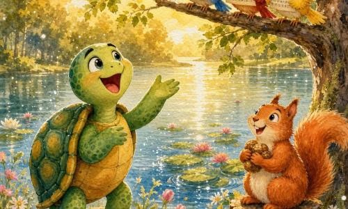 Une tortue ronde et joviale nommée Tim, carapace vert émeraude à taches jaunes, yeux brillants, chante au bord d'un lac magique; un écureuil roux, noisettes en pattes, l'admire depuis une souche, et trois petits oiseaux colorés (bleu, rouge, jaune) perchés sur une branche tiennent une partition pour l'accompagner; rives couvertes de fleurs roses et blanches, nénuphars, arbres moussus et lumière dorée de fin d'après-midi, ambiance chaleureuse et festive avec animaux en demi-cercle, bulles et petites éclaboussures autour des nénuphars.