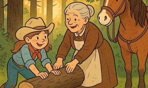 Lily, environ 12 ans, visage rond et tacheté de soleil, chapeau de cow-girl beige, chemise denim claire, foulard rouge et bottes en cuir, pousse un tronc tombé; Mère Jones, ~75 ans, cheveux gris en chignon, manteau marron et tablier, l'aide en poussant à côté d'elle avec un sourire courageux; le cheval Biscuit, robuste, robe brun-roux avec une fine liste blanche et selle usée, attend à côté; à la lisière d'une forêt de pins baignée de lumière dorée, mousse, fougères et fleurs sauvages, elles dégagent le chemin en synchronisant leurs gestes, riant, avec quelques traces de terre sur leurs vêtements et une atmosphère chaleureuse et courageuse.