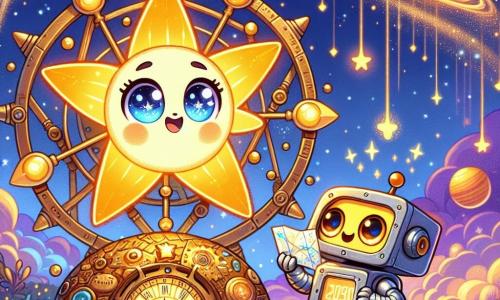Luma, une petite étoile brillante avec des yeux pétillants et un sourire radieux, flotte joyeusement dans l'air, entourée de scintillements dorés. À ses côtés, TicTac, un petit robot aux lumières clignotantes et au corps en métal argenté, la regarde avec amitié, tenant une carte du temps. La scène se déroule dans un paysage magique avec un ciel étoilé, des planètes colorées et une machine à remonter le temps ornée de rouages dorés. Luma et TicTac se tiennent devant la machine, prêts pour une nouvelle aventure à travers le temps, leurs visages rayonnants d'enthousiasme.