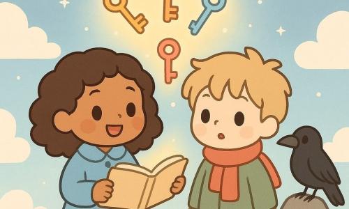 Zoé, une jeune fille aux cheveux bruns bouclés et aux yeux pétillants, sourit avec émerveillement. Elle porte un manteau bleu clair et tient un carnet ouvert. À ses côtés, Léon, un garçon avec des cheveux blonds en bataille, regarde attentivement le carnet. Il porte une écharpe rouge et une veste verte. Ils se trouvent sur une plateforme au sommet d'une montagne, entourés de nuages et d'un ciel étoilé. Un corbeau noir, Noirpiège, est perché à proximité, les observant. Zoé et Léon découvrent un trésor de lumière symbolisé par des clés colorées flottant autour d'eux, illuminant leurs visages.