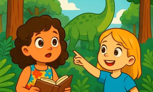 Deux personnages principaux : Zoé, une fille de 8 ans avec des cheveux bruns et bouclés, portant une robe à fleurs colorées, tenant un carnet ancien, et Jade, une fille de 8 ans avec des cheveux blonds et lisses, en t-shirt bleu et short en jean, souriant et pointant un grand diplodocus au loin. L'histoire se déroule dans une forêt préhistorique luxuriante, avec des fougères géantes et des arbres immenses. Le ciel est bleu avec des nuages blancs, et au fond, un diplodocus mange paisiblement des feuilles. Zoé et Jade découvrent émerveillées le monde des dinosaures, entourées de plantes géantes, tandis que le diplodocus les observe.