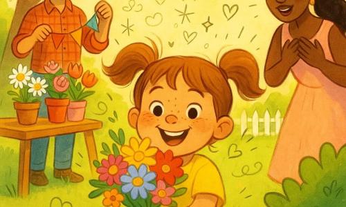 Fille de 4 ans, visage rond et taches de rousseur, châtain clair en couettes, sourire malicieux, sort d'un buisson en tenant un bouquet coloré; père (~35 ans) à la barbe douce, chemise à carreaux, près d'une table en bois décorée tenant une guirlande et regardant bienveillant; mère (~32 ans) cheveux longs attachés, robe pastel, surprise, mains au cœur et regard ému; jardin ensoleillé du matin avec pelouse verte, table à pots de marguerites, roses et tulipes, arbre à guirlandes colorées et petite clôture blanche; ambiance joyeuse et tendre, ciel bleu doux, textures tissu et bois visibles; composition centrée sur la fille surprenant sa mère, léger gros plan sur le bouquet, père en arrière-plan à gauche; palette vive et chaude, traits doux aux contours légèrement crayonnés, petits doodles de cœurs et d'étoiles autour.