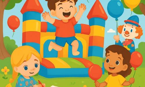 Trois personnages sont présents : Léo, un garçon de 6 ans aux cheveux bruns en désordre, en t-shirt rouge et short bleu, qui saute sur un château gonflable ; Mia, une fille de 5 ans avec de longs cheveux blonds tressés, vêtue d'une robe à fleurs, dessinant un papillon sur l'herbe ; et Zoé, une fille de 4 ans aux cheveux bouclés châtains, en t-shirt jaune et pantalon rose, tenant un ballon. L'action se déroule dans un parc ensoleillé avec des fleurs et des arbres, où un grand château gonflable et un clown distribuant des ballons ajoutent à l'ambiance joyeuse. Les enfants s'amusent ensemble, entourés de rires et de ballons flottants.