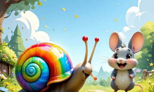 Un escargot joyeux, Lilo l'Escargot Arc-en-ciel, avec une coquille brillante aux couleurs vives, glisse lentement sur un chemin ensoleillé, affichant un grand sourire. À côté de lui, Zoé la Souris, petite et grise, saute en arrière, riant aux éclats. Gaspard le Lapin, avec son pelage blanc et ses longues oreilles, bondit joyeusement, tout en essayant de garder son équilibre. La scène se déroule dans une forêt enchantée, où des arbres majestueux et des fleurs colorées bordent le chemin. Les trois amis participent à une course amusante, marchant à reculons, riant et s'amusant ensemble, créant une atmosphère joyeuse.