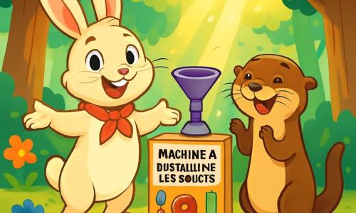 Un lapin nommé Gustave, au pelage crème et portant un foulard rouge, se tient debout sur ses pattes arrière, prêt à présenter sa machine à faire disparaître les soucis. À ses côtés, Lucette la Loutre, avec son pelage brun et ses yeux malicieux, applaudit joyeusement. En arrière-plan, la clairière ensoleillée de la forêt de Chanterêve est remplie de fleurs colorées et d'arbres, tandis que des animaux rassemblés autour de Gustave créent une atmosphère festive, impatients de découvrir la magie de sa machine.