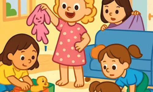 Quatre enfants sont présents : Zoé, 6 ans, cheveux bouclés et blonds, en robe rose à pois blancs, souriante au centre avec son doudou mouillé ; Lila, 5 ans, cheveux lisses et bruns, en t-shirt jaune et short en jean, accroupie à gauche fouillant une boîte à jouets ; Mia, 6 ans, cheveux châtains en couettes, en t-shirt bleu et pantalon vert, à droite regardant sous le canapé ; Jade, 5 ans, cheveux raides et noirs, en robe violette, derrière un coussin levant une couverture. La scène se déroule dans un salon lumineux avec un tapis moelleux, des jouets éparpillés et des murs jaunes. Les enfants enquêtent pour retrouver le doudou de Zoé, qui flotte dans une bassine près de la porte de la salle de bain, chacun ayant une expression de surprise et d’amusement.