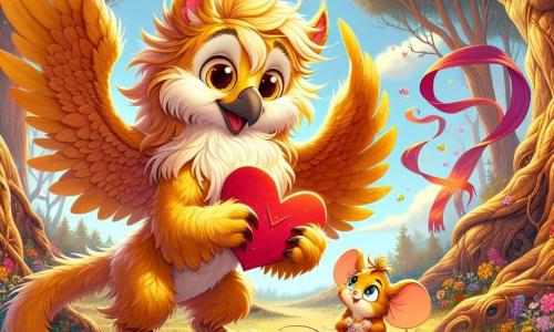 Plumis, un griffillon aux plumes dorées, se tient joyeusement au centre de la clairière avec un grand sourire et des yeux pétillants. Il tient une lettre rouge en forme de cœur, prêt à la remettre à son amie. À côté, Grignotte, une petite souris aux grandes oreilles et à la fourrure caramel, regarde la lettre avec surprise et un sourire timide, tenant une tartelette à la fraise. En arrière-plan, la clairière est baignée de lumière dorée, entourée de grands arbres et de fleurs colorées, avec des rubans de soie flottant dans les branches. Plumis est prêt à révéler le secret de la lettre de la Saint-Valentin à Grignotte, créant une atmosphère chaleureuse et joyeuse.