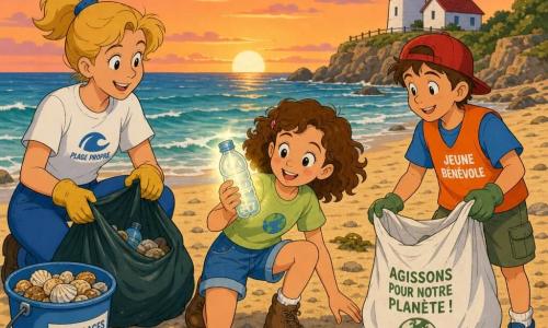 Fille de 10 ans joyeuse ramassant une bouteille en plastique lumineuse sur une plage au sable doré, cheveux bruns bouclés, t-shirt vert clair; garçon d’environ 11 ans, casquette rouge et gilet de bénévole orange, tient un sac de collecte à sa droite en souriant; femme d’environ 35 ans, cheveux blonds attachés et gants, remplit un sac poubelle à gauche près d’un seau de coquillages propres; décor : algues vertes, quelques rochers lisses, vagues bleu‑vert calmes et phare blanc et rouge au loin sous un ciel pastel au coucher du soleil; scène optimiste de nettoyage de plage, illustration 2D colorée style années 90.