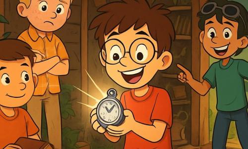 Quatre enfants sont réunis : Max, 10 ans, cheveux bruns en bataille et lunettes rondes, porte un t-shirt rouge et un short bleu, tenant une montre métallique brillante avec des yeux écarquillés d'excitation. Hugo, 10 ans, cheveux blonds et taches de rousseur, est en retrait avec une chemise à carreaux et un pantalon beige, affichant une expression hésitante. Lucas, 10 ans, cheveux noirs et lunettes de soleil sur le front, porte un t-shirt vert et un jean, souriant et pointant vers la cabane. Simon, 10 ans, cheveux châtains, en fauteuil roulant à gauche de Max, tient un livre ancien, regardant curieusement la scène. Ils se trouvent devant une vieille cabane en bois entourée de ronces, avec des objets anciens à l'intérieur et un rayon de lumière illuminant la montre de Max. Ils découvrent la montre mystérieuse avec surprise et excitation, prêts pour une aventure incroyable.
