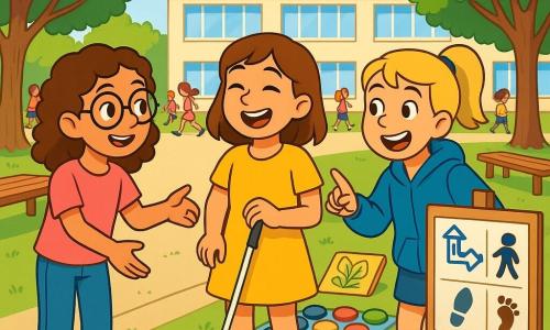 Il y a trois personnages : Louise, une fille de 11 ans avec des cheveux bruns bouclés et des lunettes rondes, souriante à gauche, tendant la main vers Ambre ; Ambre, 12 ans, avec des cheveux châtains et une canne blanche, riant au centre dans une robe jaune ; Camille, 11 ans, avec des cheveux blonds en queue de cheval, à droite, montrant un parcours sensoriel avec enthousiasme. La scène se déroule dans la cour ensoleillée d'un collège, entourée d'arbres, avec des bancs en bois et des élèves jouant au loin. Les trois filles animent un atelier de sensibilisation sur l'inclusion, avec des élèves curieux autour d'elles. Louise et Camille encouragent Ambre, qui explique comment naviguer dans le parcours sensoriel, créant une atmosphère joyeuse et collaborative.