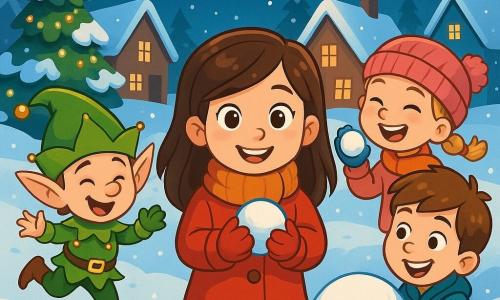 Quatre personnages principaux se trouvent dans une scène hivernale : Clara, une fille de 7 ans avec des cheveux bruns et un manteau rouge, souriante avec une boule de neige ; Pipo, un lutin des neiges en costume vert, sautant joyeusement à côté d'elle ; Lila, une fille de 8 ans avec des tresses blondes et un bonnet rose, riant avec une boule de neige ; et Hugo, un garçon de 7 ans, derrière Clara, roulant une boule de neige. L'illustration se déroule dans un village enneigé, avec des maisons couvertes de neige et des sapins illuminés. Clara et ses amis construisent un bonhomme de neige, entourés de rires et de magie de Noël, tandis que Pipo danse joyeusement, créant une ambiance festive.