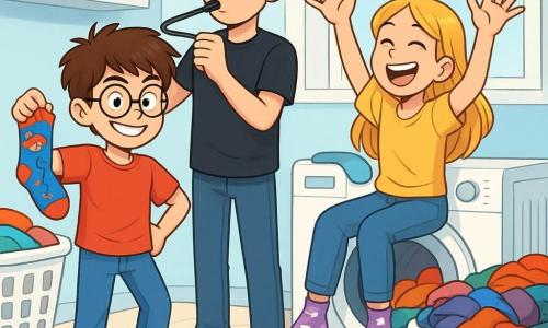 Léo, un garçon de 12 ans aux cheveux bruns en bataille et lunettes rondes, sourit malicieusement sur un podium improvisé fait de paniers à linge, tenant une chaussette super-héros. À ses côtés, sa sœur Zoé, 14 ans, avec des cheveux longs et blonds, rit en portant des chaussettes violettes à licornes, assise sur la machine à laver. Leur frère Max, 16 ans, avec un t-shirt noir, fait le clown en tenant un cintre comme un micro. La buanderie lumineuse est remplie de paniers de vêtements propres et sent la lessive à la lavande. Ils sont prêts à commencer leur défilé de mode de chaussettes, entourés de chaussettes colorées sur le sol, créant une ambiance joyeuse.