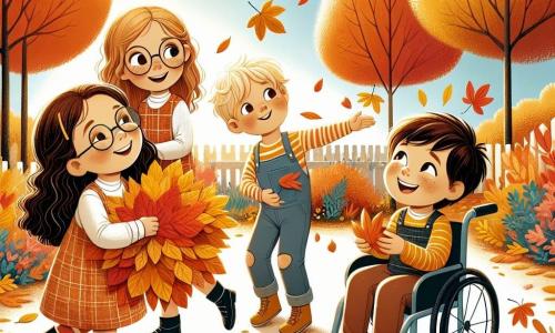 Dans un jardin automnal coloré, quatre enfants s'amusent ensemble. Chloé, 8 ans, tient une grande feuille orange ; Léo, 7 ans, lance des feuilles en l'air ; Maya, 6 ans, ramasse des feuilles avec joie ; et Tom, 9 ans en fauteuil roulant, sourit en les regardant. Le jardin est rempli d'arbres aux feuilles dorées et rouges, le ciel est bleu clair avec quelques nuages, et le soleil brille. Les enfants décorent leur maison avec des feuilles colorées tout en partageant des rires et des biscuits, créant une ambiance joyeuse.