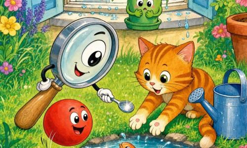 Léo la loupe, loupe anthropomorphe ronde au grand œil brillant et poignée en bois, tenant une petite cuillère et penché sur une mare; Mimi le chat orange tigré assise près de l'arrosoir, pattes tendues vers un petit poisson; Oscar la balle, grosse balle rouge aux yeux dessinés, joyeuse au pied de Léo; Poppy la plante, petit pot vert aux feuilles souriantes, sur le rebord de la fenêtre. Jardin lumineux et coloré avec herbe verte, fleurs à pétales ronds, arrosoir bleu, mare scintillante et fenêtre ouverte avec gouttes; les amis découvrent le poisson ensemble, ambiance d'entraide et de joie, composition centrée, couleurs vives et contours à l'encre claire.