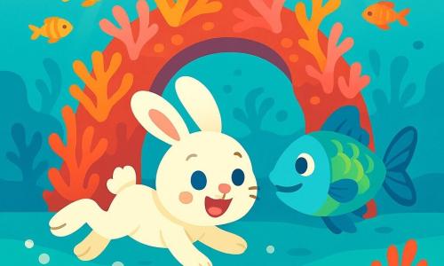Léo, un petit lapin blanc aux grandes oreilles et aux yeux curieux, nage joyeusement dans une eau turquoise, souriant émerveillé. À ses côtés, Pipo, un poisson bleu et vert aux écailles scintillantes, lui montre le chemin avec une expression amicale. En arrière-plan, une arche de corail coloré, avec des coraux roses et orange, abrite des poissons multicolores dansant. La lumière du soleil filtre à travers l'eau, créant des reflets dorés. Léo et Pipo explorent ensemble ce monde sous-marin magique, remplis d'émerveillement et d'amitié.