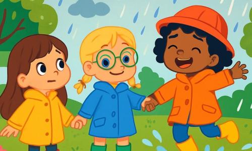 Trois petites filles de 5 ans se trouvent dans un parc sous la pluie. Mia, à gauche, a de longs cheveux bruns et porte un imperméable jaune vif. Lila, au centre, a des cheveux blonds en tresses et un imperméable bleu. Zoé, à droite, a des cheveux frisés noirs, un chapeau de pluie rouge et un imperméable orange. Elles s'apprêtent à sauter dans une grande flaque d'eau, riant aux éclats, tandis que la pluie tombe doucement et que le ciel est nuageux avec des rayons de soleil perçant. Le paysage est joyeux et vivant, avec des arbres et des fleurs colorées.