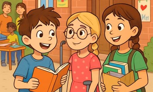 Trois personnages sont présents : Lucas, un garçon de 11 ans aux cheveux bruns ébouriffés et aux yeux curieux, porte un t-shirt bleu et un short beige, tenant un livre avec enthousiasme. Emma, une fille de 10 ans avec des cheveux blonds tressés et des lunettes rondes, est vêtue d'une robe rose à pois et sourit à Lucas, une béquille à côté d'elle. Sarah, 11 ans, a des cheveux châtains et des tresses, porte un t-shirt vert et un jean, tenant un sac rempli de livres. Ils se trouvent devant un centre communautaire avec des murs en briques rouges, des affiches colorées annonçant des événements de solidarité, et des familles souriantes rassemblées autour de tables avec des livres et des vêtements. Les enfants discutent avec des adultes, partageant livres et sourires, illustrant la solidarité dans leur communauté.