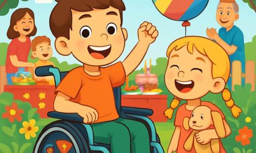 Un garçon de 8 ans, Paul, aux cheveux châtains et aux yeux pétillants, est assis dans son fauteuil roulant décoré d'autocollants de super-héros. Il sourit, montrant son enthousiasme. À côté de lui, sa petite sœur Zoé, 6 ans, avec des cheveux blonds en tresses et un doudou, rit en tenant un ballon coloré. En arrière-plan, leur jardin est rempli de fleurs et de guirlandes, avec des voisins et des amis autour d'une table chargée de gâteaux. La scène dégage une atmosphère de joie et de camaraderie, où Paul se sent entouré d'amour et de soutien, prêt à célébrer.