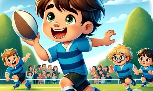 Hugo, un garçon de 6 ans aux cheveux bruns en bataille et au grand sourire, porte un maillot de rugby bleu et court et court avec enthousiasme sur un terrain verdoyant. Ses yeux brillent de joie alors qu'il s'apprête à lancer un ballon ovale à son ami. À ses côtés, Lucas, également âgé de 6 ans, aux cheveux blonds et lunettes rondes, admire Hugo tout en portant un maillot jaune. Le terrain est entouré de grands arbres, et des parents applaudissent au loin, créant une ambiance festive. La scène montre Hugo lançant le ballon avec détermination tandis que Lucas se prépare à le rattraper, illustrant l'esprit d'équipe et l'amitié.