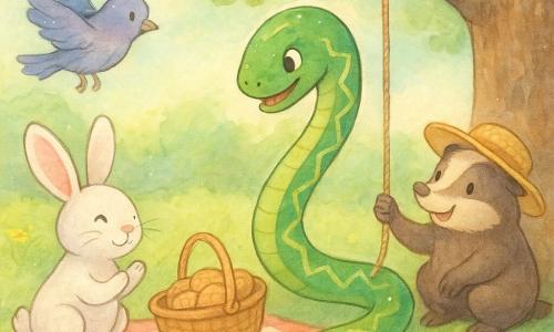 Un serpent vert émeraude luisant aux motifs jaunes saisit un panier de biscuits depuis une liane tendue vers une table basse ; à gauche, un lapin blanc aux grandes oreilles sourit et s'apprête à applaudir, un pigeon gris-bleu vole au-dessus, et un blaireau brun coiffé d'un large chapeau de paille tient la corde en arrière, tous amusés tandis que le panier bascule et tombe dans l'herbe d'une clairière parsemée de fleurs et dominée par un grand chêne, une nappe à carreaux rouges et blancs étalée au sol ; style aquarelle pastel, contours doux, touches de lumière au stylo gel blanc, atmosphère chaleureuse et ludique, composition centrée sur le serpent et le panier.
