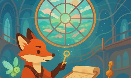 Lumo, renard cartographe anthropomorphe au pelage roux et au regard concentré, vêtu d’un harnais en cuir à pochettes, tend une clef fine et brillante qui émet de petites notes musicales tandis qu’un parchemin aux fils d’argent est déroulé sur un pupitre; Plic, une luciole-drone au ventre cristallin et aux ailes de verre translucide, vole près de son épaule en projetant une lueur verte pâle. Au centre d’une salle ronde flotte la Grande Rosace — vitraux en verre stellaire aux couleurs pastel avec mini-paysages, suspendue par fils d’éther scintillants — entourée d’une nef-cathédrale volante aux passerelles en cuivre poli, leviers ornés de cristaux et voiles d’éther montrant constellations; la Rosace répond à la clef par une auréole de lumière et de notes tandis que la carte souffle des fils argentés et des tracés lumineux — un instant de découverte calme, magique et responsable.