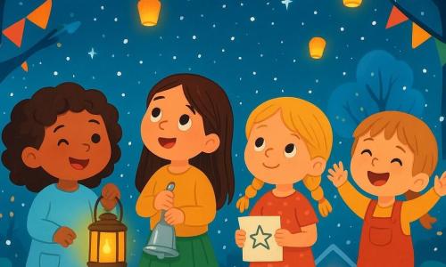 Il y a quatre enfants : Léa, une fille de 6 ans avec des cheveux bruns et bouclés, souriant joyeusement en tenant une lanterne allumée ; Naïa, avec des cheveux longs et lisses, émerveillée par les étoiles et tenant une cloche argentée ; Zoé, avec des cheveux courts et châtains, dansant en salopette rouge ; et Mira, avec des cheveux blonds en tresses, tenant un papier avec un vœu. L'action se déroule dans un jardin féerique illuminé par des lanternes flottantes, avec de la neige tombant doucement et des guirlandes colorées décorant les arbres. Les filles sont rassemblées, prêtes à libérer leurs lanternes dans le ciel étoilé, entourées de lumière et de rires.