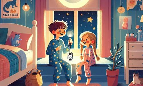 Léo, un garçon de 7 ans aux cheveux bruns en bataille et portant un pyjama bleu avec des étoiles, est assis sur son lit avec Mia, une fille de 6 ans aux cheveux blonds tressés en pyjama rose avec des petits chats. Ils se trouvent dans une chambre d’enfant chaleureuse aux murs bleu pastel, décorée de posters et d'un tapis moelleux. Une lumière de lune éclaire la pièce, créant une ambiance mystérieuse. Léo et Mia chantent ensemble pour surmonter leur peur du noir, tandis que la veilleuse en forme de lune illumine leurs visages joyeux.