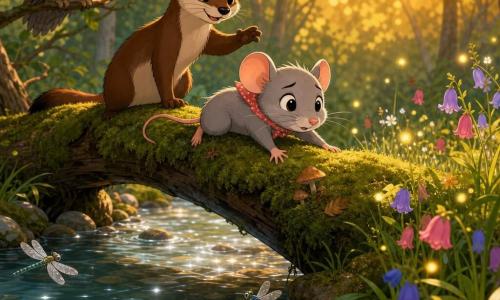 Capucine, petite souris grise aux yeux noirs brillants et moustaches fines, tremblante mais fière, se tient sur un tronc couvert de mousse après l’avoir traversé ; derrière elle, Lune la belette brune, pelage soyeux et sourire encourageant, prête à aider, et un vieux hibou gris aux plumes ébouriffées observe depuis une branche ; en contrebas, un ruisseau clair aux reflets argentés, libellules et têtard, berges moussuess, champignons et feuilles, prairie fleurie et lucioles de l’autre côté, lumière douce et chaude de fin d’après-midi, style simple et rond adapté aux enfants.